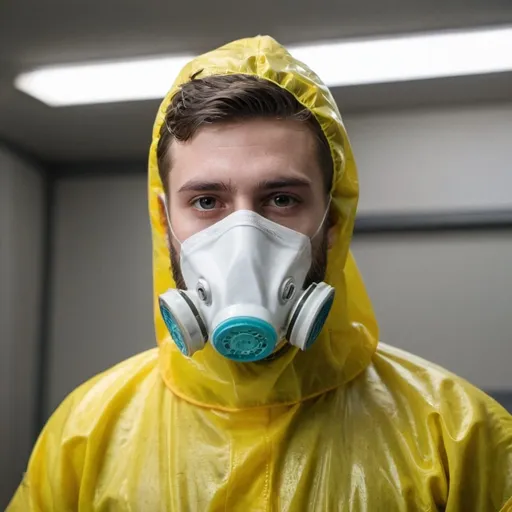 Prompt: a young man with a beard in a hazmat suit