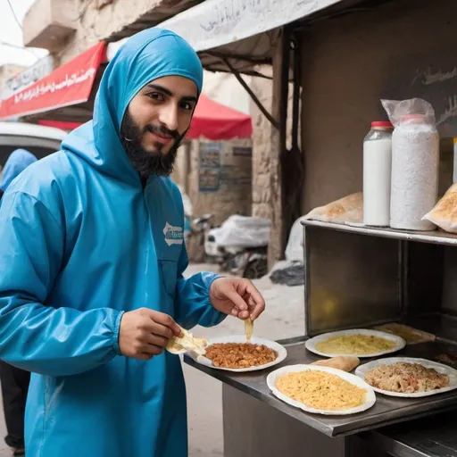 Prompt: a young palestinian man with a beard in a blue hazmat suit selling shawarma