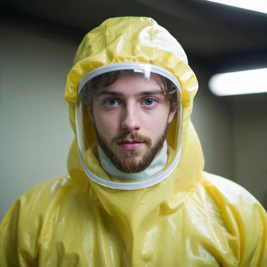 Prompt: a young man with a beard in a hazmat suit