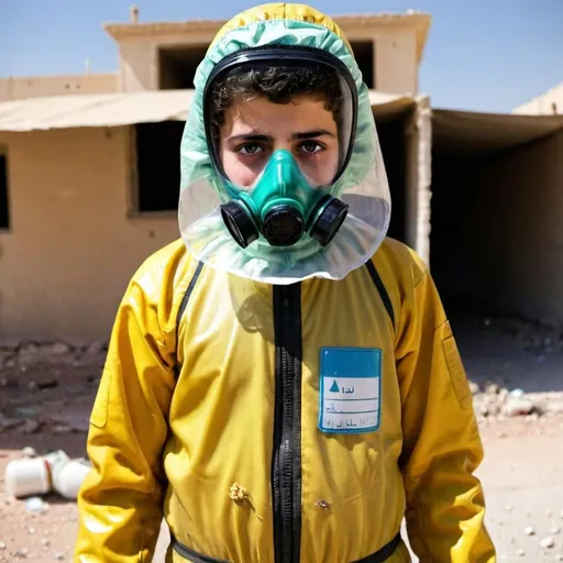 Prompt: syrian man teen boy in a hazmat suit