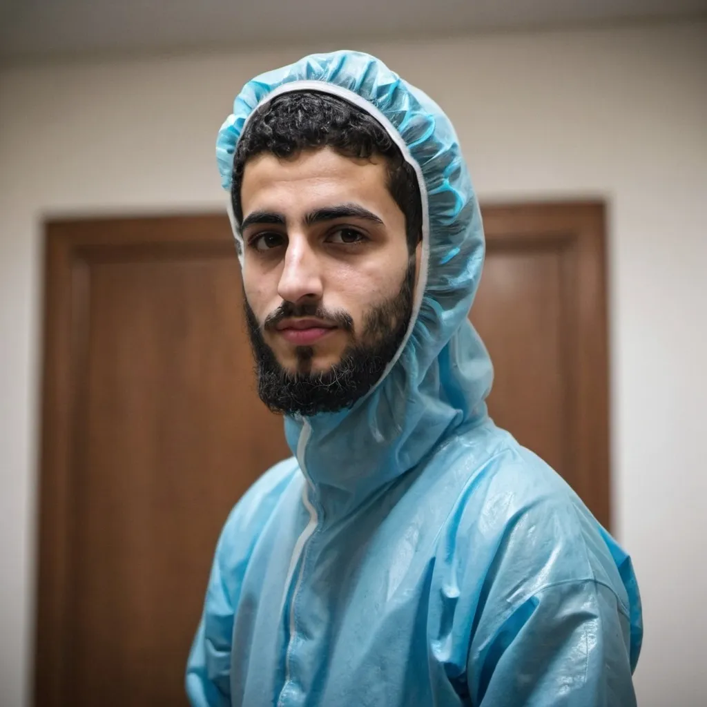 Prompt: a young palestinian man with a beard in a blue hazmat suit