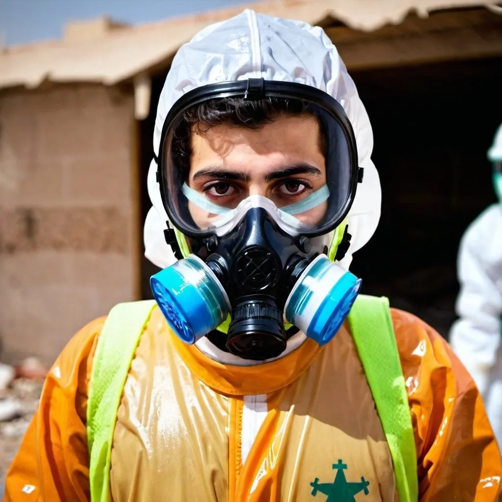 Prompt: young syrian man in a hazmat suit