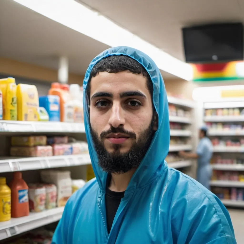 Prompt: a young palestinian man with a beard in a blue hazmat suit at a convenience store