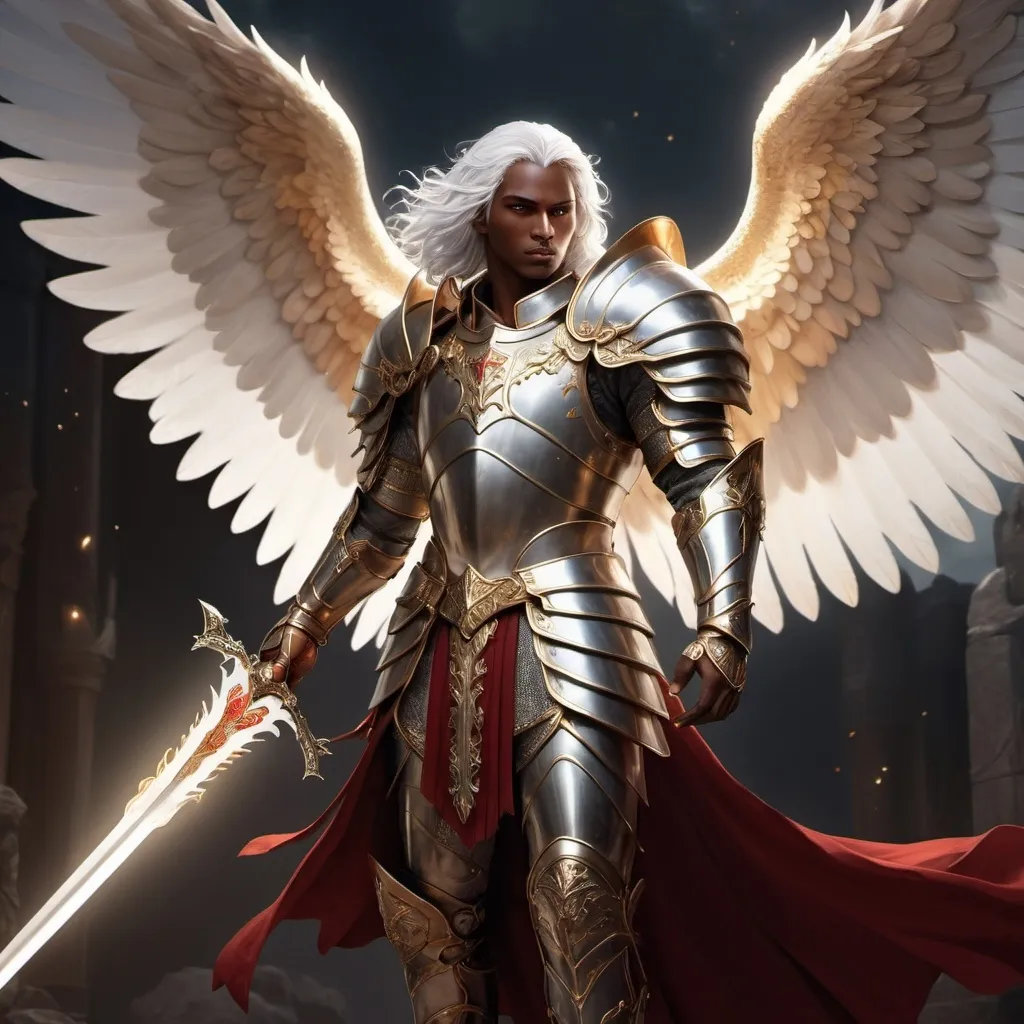 Prompt: (Male Aasimar with one wing), brown skin, (white hair), (silver eyes), (holding a golden sword with red highlights), (with knight armor) ethereal glow, intricate details on the sword, majestic presence, cinematic lighting, distinguishing features, beautifully designed outfit showcasing divine and celestial elements, dramatic background with hints of a heavenly realm, ultra-detailed, high-quality illustration, captivating atmosphere.