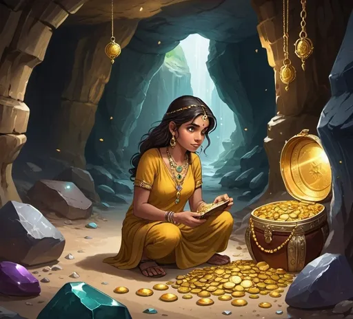 Prompt: When the door opens, a large cave filled with glittering treasures is revealed. Gold coins, jewelry, and precious stones are scattered all around. Above the treasure, a warning is written. Meera is looking at the treasure, deep in thought