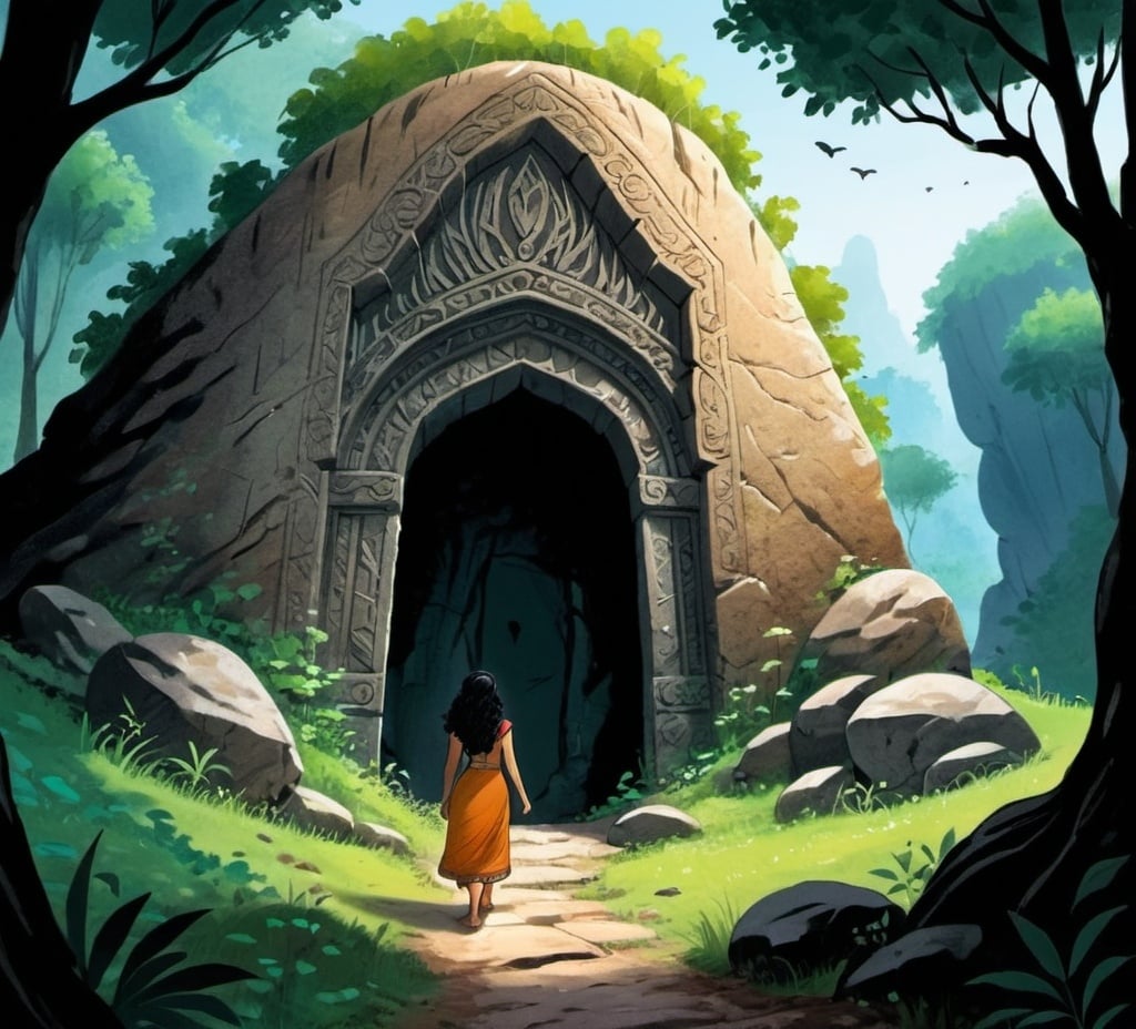 Prompt: Meera walks through dense trees in the forest towards a cave. At the entrance of the cave, there is a large stone door. A riddle is written on the door."