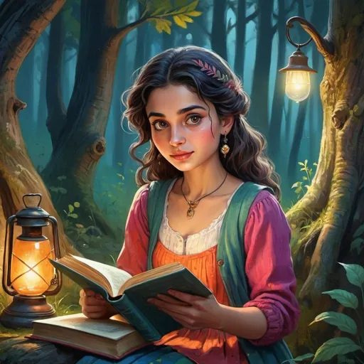 Prompt: Vibrant illustration of Meera, a curious girl, near the forest's edge, colorful clothing, old dusty book discovery, whimsical fantasy setting, detailed facial features, high quality, illustrative, colorful, whimsical, detailed clothing, forest edge, curious expression, vintage book, village setting, atmospheric lighting