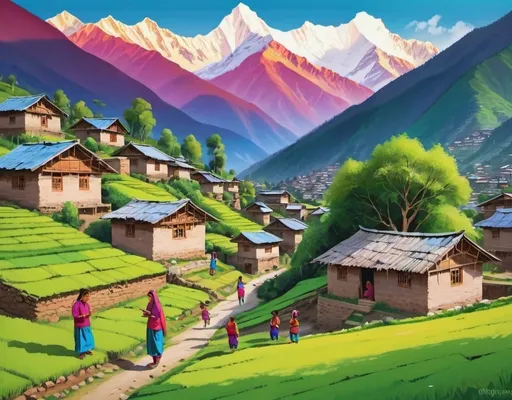 Prompt: Picturesque Himalayan village, lush green surroundings, snow-capped mountains in the background, small traditional houses, vibrant daily life, children playing, women working, busy villagers, highres, detailed, traditional art style, vibrant colors, natural lighting