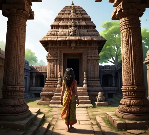Prompt: Meera reaches the old temple of the village. The temple is built in ancient style, with intricate carvings on its pillars. Inside the temple, there is an ancient idol. Underneath the idol, Meera finds another clue, which she reads carefully."