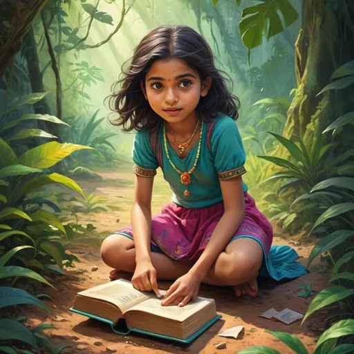 Prompt: Colorful illustration of Meera, a young girl playing near a jungle on the outskirts of a village, vibrant and playful attire, suddenly discovering an old, dust-filled book on the ground, detailed expression of curiosity, high quality, vibrant colors, detailed jungle background, dreamy atmosphere, fantasy, playful, youthful, detailed expression, vibrant colors, detailed jungle background, dreamy atmosphere