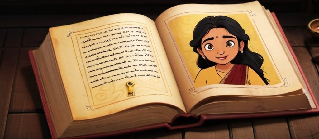 Prompt: Meera opens the book and sees mysterious clues inside. The pages of the book are yellowed, and the clues are written in an ancient script. Meera's face shows curiosity and excitement."