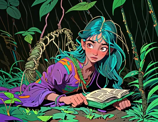 Prompt: Colorful illustration of Meera, a young girl playing near a jungle on the outskirts of a village, vibrant and playful attire, suddenly discovering an old, dust-filled book on the ground, detailed expression of curiosity, high quality, vibrant colors, detailed jungle background, dreamy atmosphere, fantasy, playful, youthful, detailed expression, vibrant colors, detailed jungle background, dreamy atmosphere