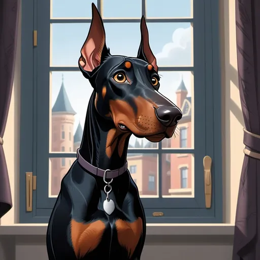 Prompt: Disney animated image of a beautiful, sleek, lean black female doberman scared of a window because a dog is barking