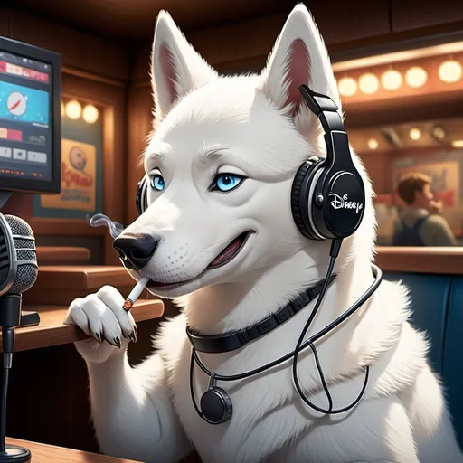 Prompt: A DISNEY animated image of a white husky smoking cigarettes in a booth, blue eyes, wearing headphones and using a studio mic. They're tired.