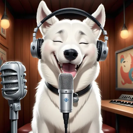 Prompt: A DISNEY animated image of a white husky singing soulful in a booth, eyes clenched shut, wearing headphones and using a studio mic.