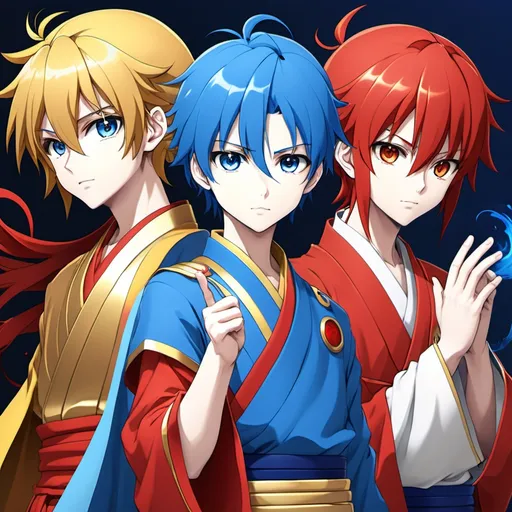 Prompt: 3 gods one is red one is blue and one is golden anime like blue and red are boys golden is a girl
