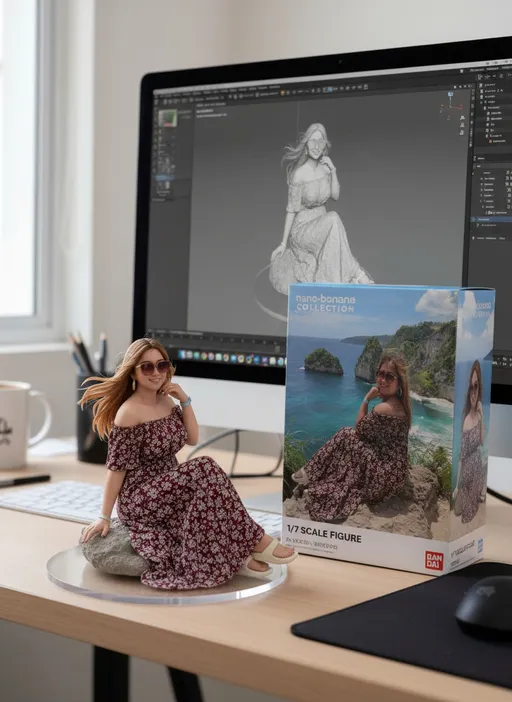 Prompt: Using the nano-banana model, design a 1/7 scale commercialized figure of the illustrated character in a realistic style and setting. Position the figure on a computer desk, mounted on a clear circular acrylic base without any text. On the iMac screen, showcase the Blender modeling process of the figure. Beside the monitor, place a BAN DAI-inspired toy packaging box featuring the original artwork.
