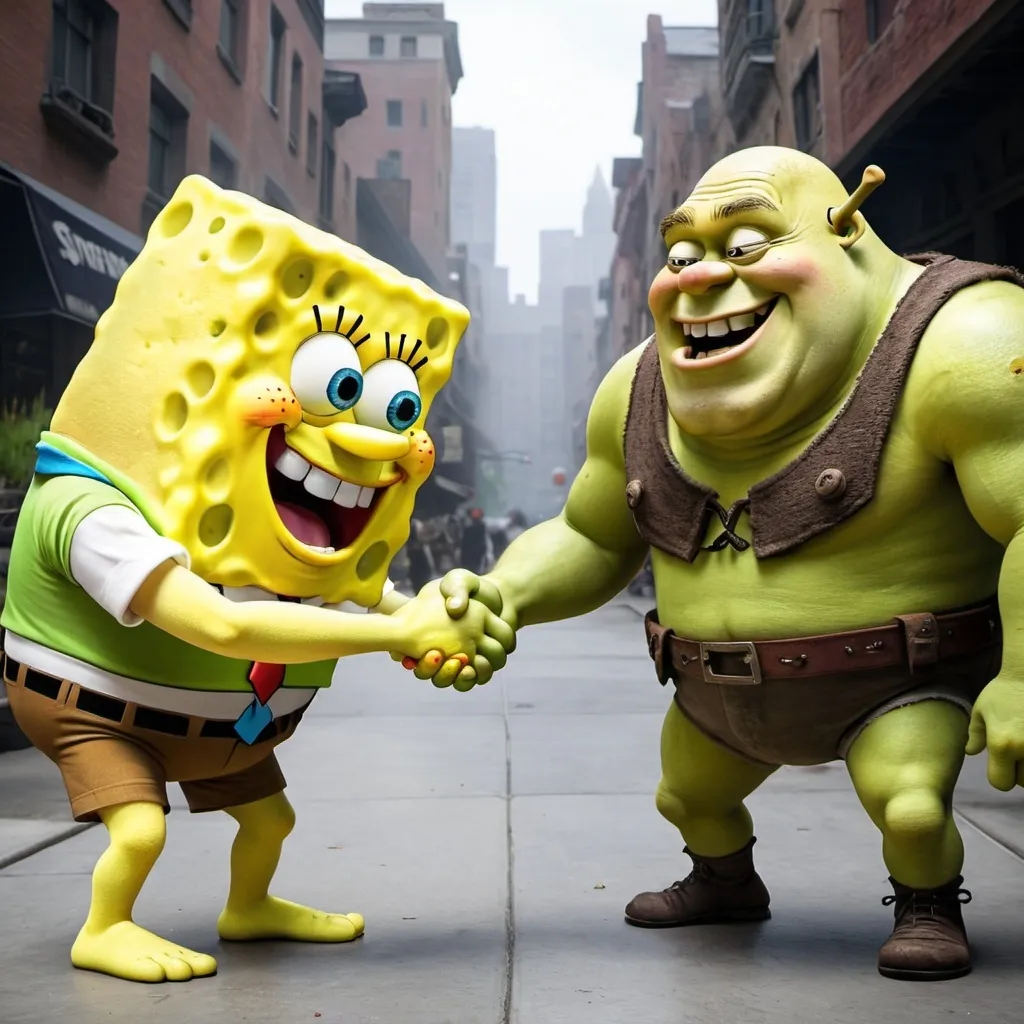 Prompt: Spongebob and shrek shaking hands like a marvel poster