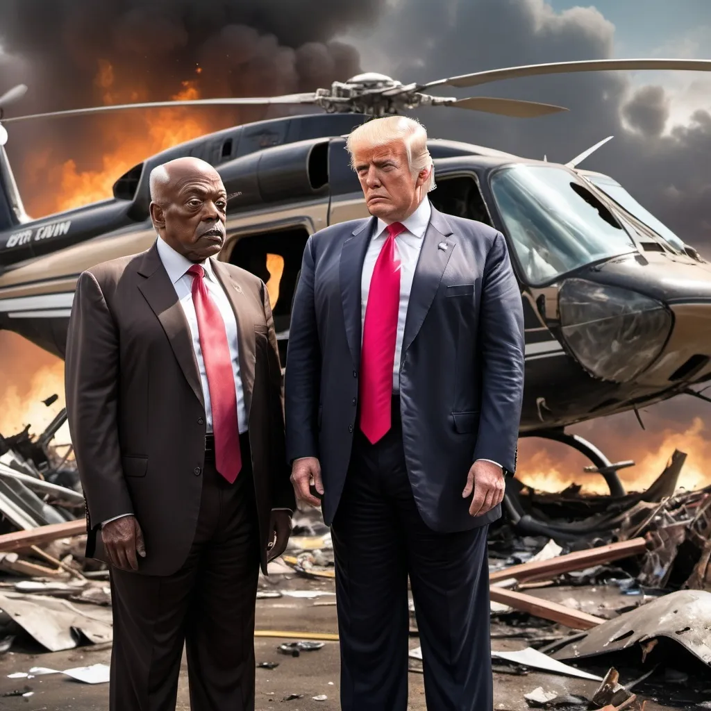 Prompt: Create a realistic image of Willie Brown and Donald Trump standing in front of a crashed helicopter
