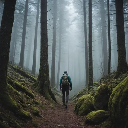 Prompt: a hiker in a scary forest