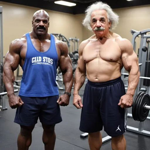 Prompt: Ronnie Coleman and Albert Einstein as gym bros.