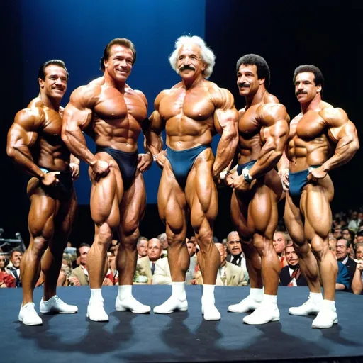 Prompt: Arnold Schwarzenegger, Lou Ferrigno , Phil Heath, and Albert Einstein as gym bros at a Mr. Olympia competition.