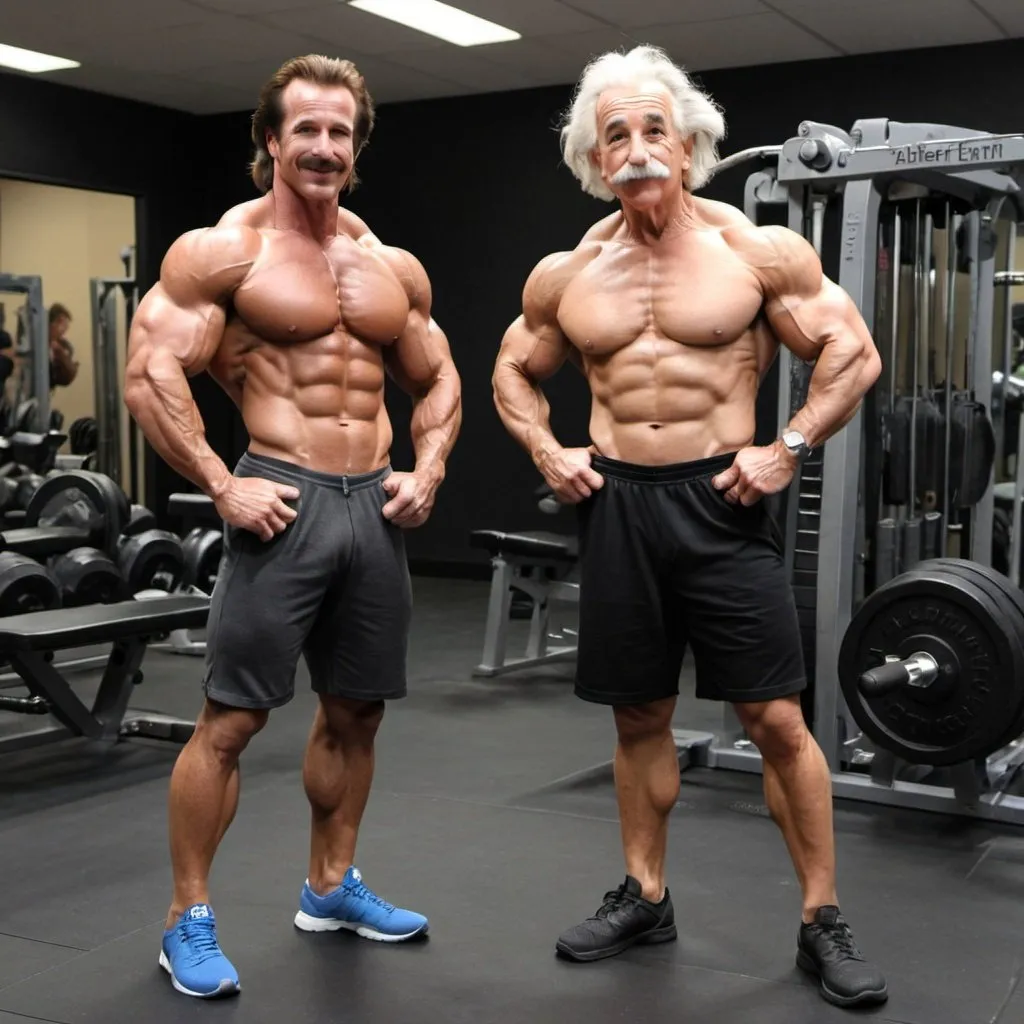 Prompt: Mike O Hearn and Albert Einstein as gym bros doing bodybuilding poses.