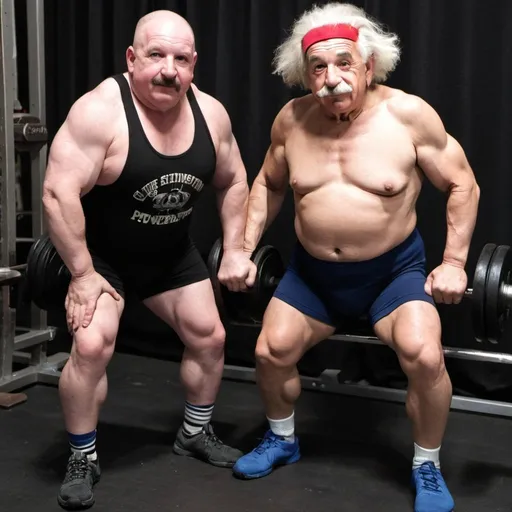 Prompt:  Louie Simmons and Albert Einstein as gym bros powerlifting.