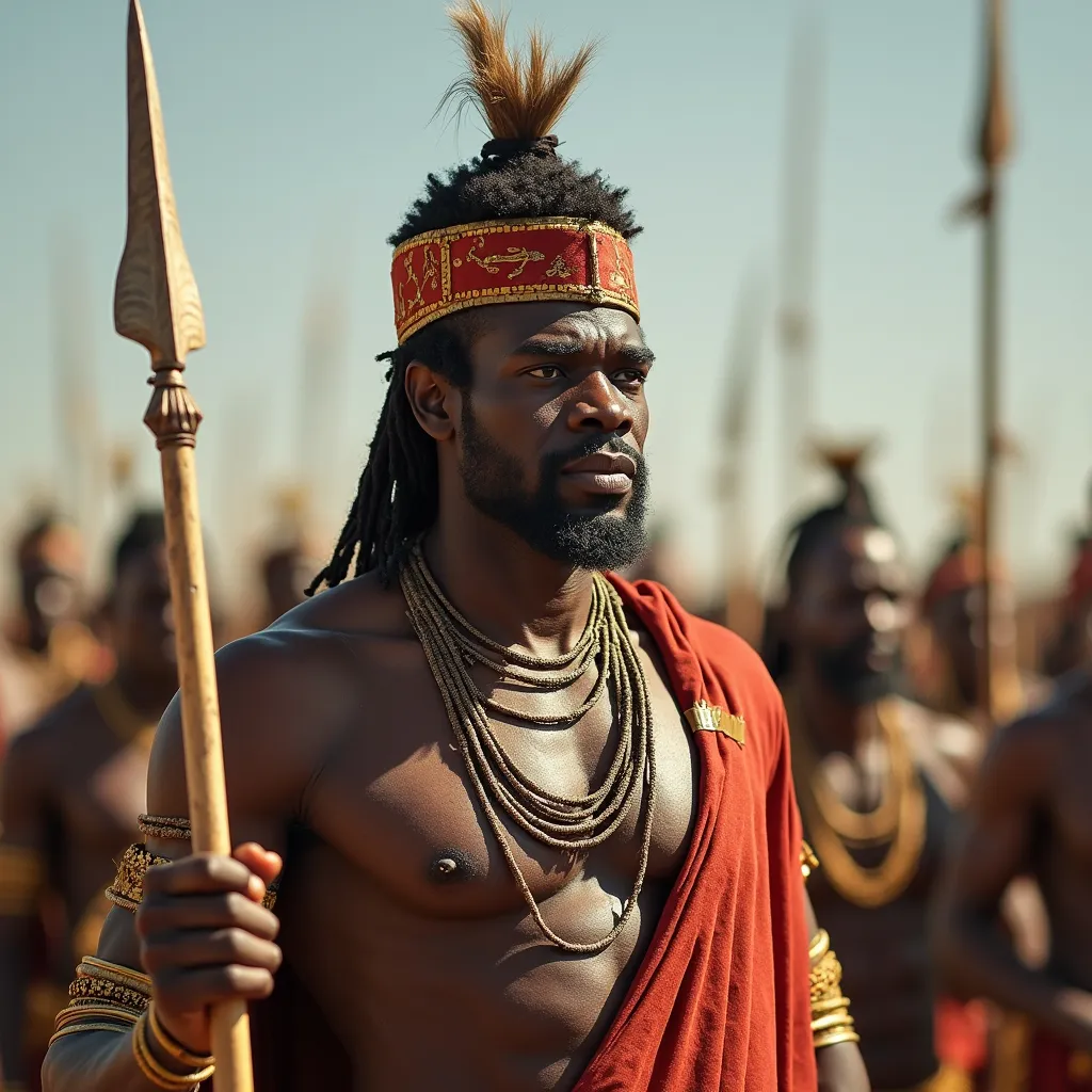 Prompt: AFRICAN KING WITH ZULU ATTIRE CAND SPEAR IN HAND. SHAKA ZULU IN ANIME FORM 