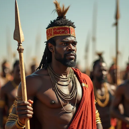 Prompt: AFRICAN KING WITH ZULU ATTIRE CAND SPEAR IN HAND. SHAKA ZULU IN ANIME FORM 