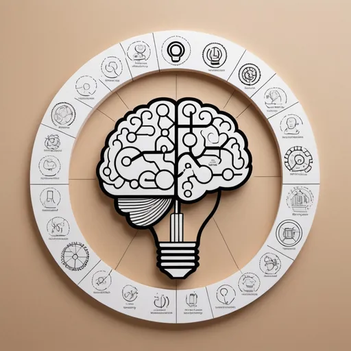 Prompt: A central figure of a person, in a simple, schematic style, stands in the middle of a circle symbolizing the iterative cycle of design thinking.

Around this person are five sections, each representing a phase of the design thinking process:

Empathy: Drawings of hearts and faces of different people, showing varied emotions, symbolizing deep understanding of human needs.
Definition: A sketch of a brain or a light bulb with gears turning, representing clarity in identifying the problem.
Ideation: Thought clouds and light bulbs of different sizes, suggesting brainstorming and the generation of multiple creative solutions.
Prototyping: Small models or structures made of paper, wood, or Lego, showing how ideas come to fruition.
Testing: A person interacting with a prototype, with expressions of surprise or reflection, indicating experimentation and feedback.
In the background, there is a combination of geometric and organic elements flowing between the sections, symbolizing the connection between logic and creativity. Around the circle, there could be lines radiating outward, representing the expansion of knowledge and the impact of design thinking beyond the realm of design, into other fields such as education, technology, and business.