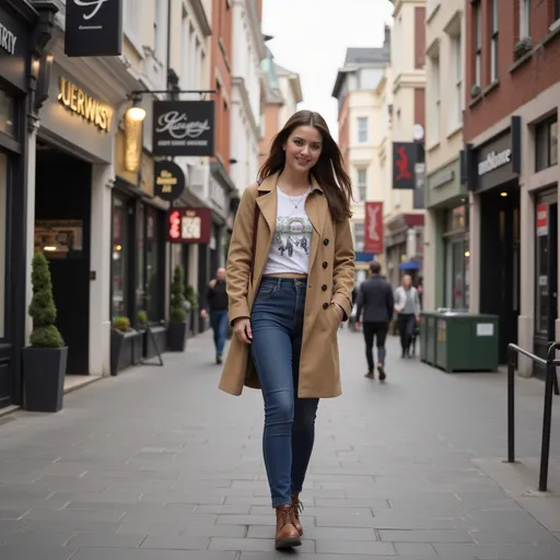 Prompt: Tall young woman walking down the high street, detailed clothing, realistic, natural lighting  and she is happy