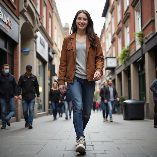 Prompt: Tall young woman walking down the high street, detailed clothing, realistic, natural lighting  and she is happy