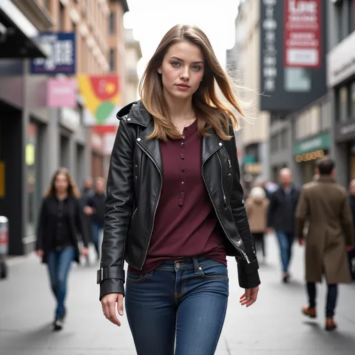 Prompt: Tall young woman walking down the high street, detailed clothing, realistic, natural lighting