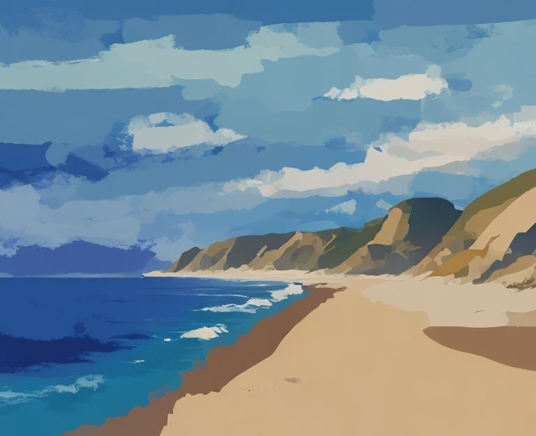 Prompt: Create a painting of ocean coast. Ocean contains deep blue and light blue colours. Coast sand is slightly beige and white. The picture is done in minimalism style