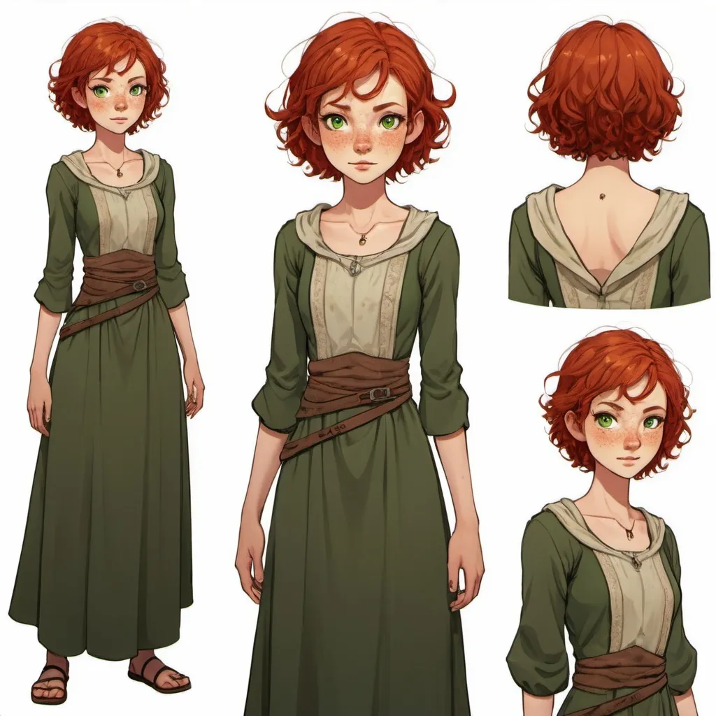 Prompt: Character sheet for a teenage girl with short red hair that curls around her face messily. She has dark green eyes and freckles across her entire body. She is a nomad in  a fantasy world, and wears modest natural dresses.