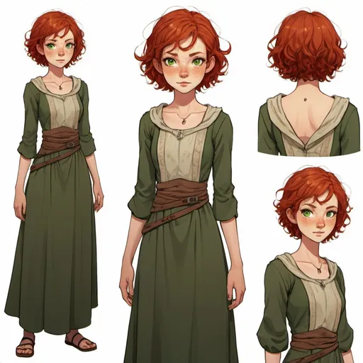 Prompt: Character sheet for a teenage girl with short red hair that curls around her face messily. She has dark green eyes and freckles across her entire body. She is a nomad in  a fantasy world, and wears modest natural dresses.