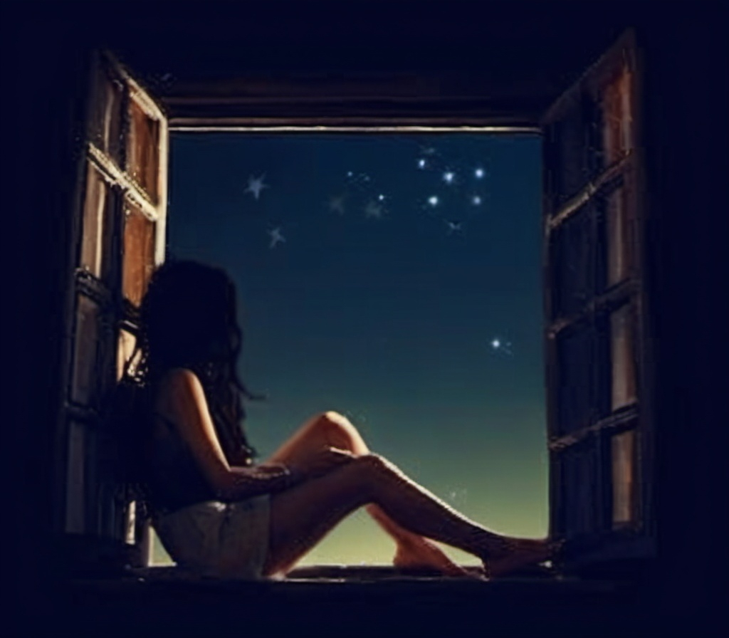 Prompt: a woman sitting on a window sill looking out at the stars in the sky at night time,, Celia Fiennes, art photography, stars, a picture