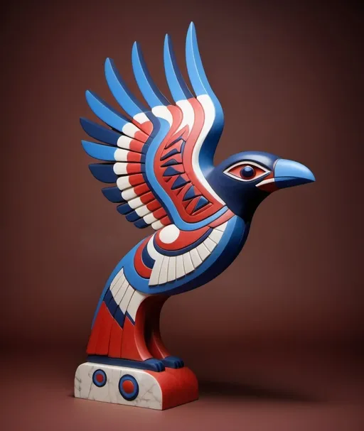 Prompt: A colorful 3D sculpture of a Haida Thunderbird using indigenous style.   Graphic design.  Best possible sculpture.  Classical - Use only reds whites and blues, shades of red white and blue.  Marble sculpture.