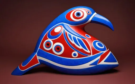 Prompt: A colorful 3D sculpture of a Haida Thunderbird-loon using indigenous style.   Graphic design.  Best possible sculpture.  Classical - Use only reds whites and blues, shades of red white and blue.  Marble sculpture.