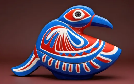 Prompt: A colorful 3D sculpture of a Haida Thunderbird-loon using indigenous style.   Graphic design.  Best possible sculpture.  Classical - Use only reds whites and blues, shades of red white and blue.  Marble sculpture.