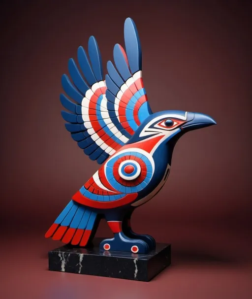 Prompt: A colorful 3D sculpture of a Haida Thunderbird using indigenous style.   Graphic design.  Best possible sculpture.  Classical - Use only reds whites and blues, shades of red white and blue.  Marble sculpture.