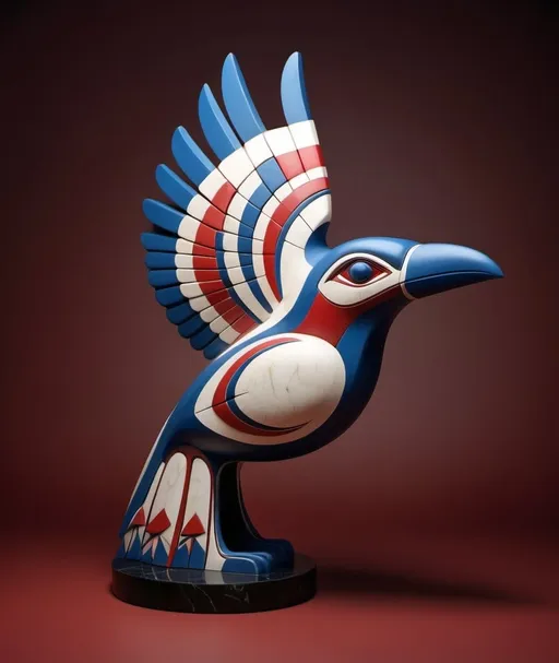 Prompt: A colorful 3D sculpture of a Haida Thunderbird using indigenous style.   Graphic design.  Best possible sculpture.  Classical - Use only reds whites and blues, shades of red white and blue.  Marble sculpture.