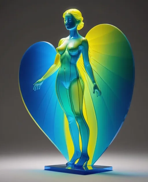 Prompt: Create a 3D sculpture of a woman according to the 2D image below.  Blue, yellow and green rays from the heart.  Translucent.  Classical.
