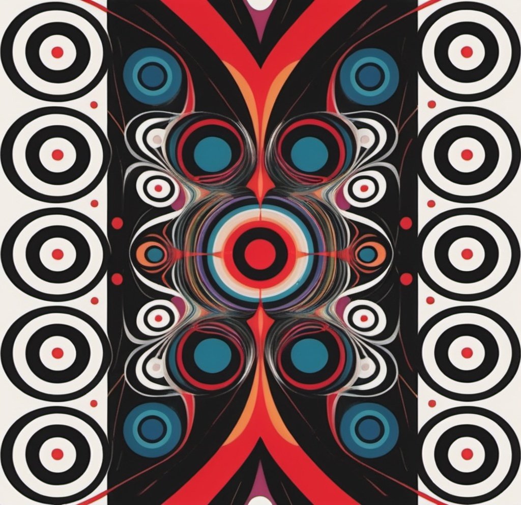 Prompt: a colorful abstract design with circles and lines on a white background with a red center and a black center, Alfred Manessier, abstract illusionism, triadic color scheme, a digital rendering