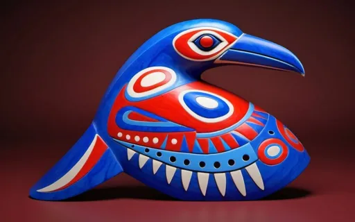 Prompt: A colorful 3D sculpture of a Haida Thunderbird-loon using indigenous style.   Graphic design.  Best possible sculpture.  Classical - Use only reds whites and blues, shades of red white and blue.  Marble sculpture.