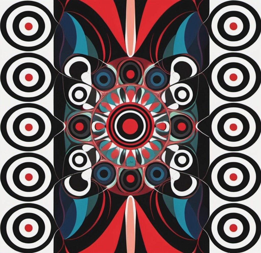 Prompt: a colorful abstract design with circles and lines on a white background with a red center and a black center, Alfred Manessier, abstract illusionism, triadic color scheme, a digital rendering