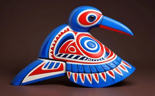 Prompt: A colorful 3D sculpture of a Haida Thunderbird-loon using indigenous style.   Graphic design.  Best possible sculpture.  Classical - Use only reds whites and blues, shades of red white and blue.  Marble sculpture.