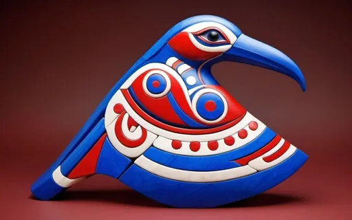 Prompt: A colorful 3D sculpture of a Haida Thunderbird-loon using indigenous style.   Graphic design.  Best possible sculpture.  Classical - Use only reds whites and blues, shades of red white and blue.  Marble sculpture.