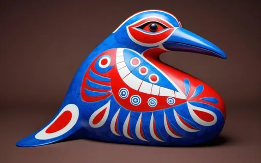 Prompt: A colorful 3D sculpture of a Haida Thunderbird-loon using indigenous style.   Graphic design.  Best possible sculpture.  Classical - Use only reds whites and blues, shades of red white and blue.  Marble sculpture.